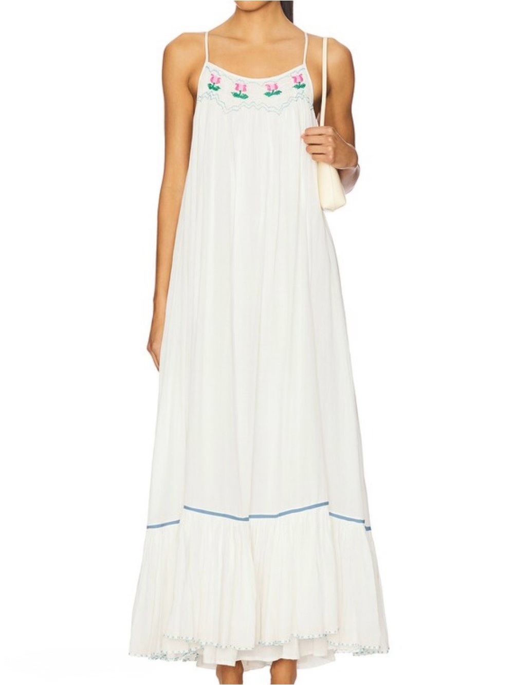 Free People White Maxi Dress with Pink Floral Yoke